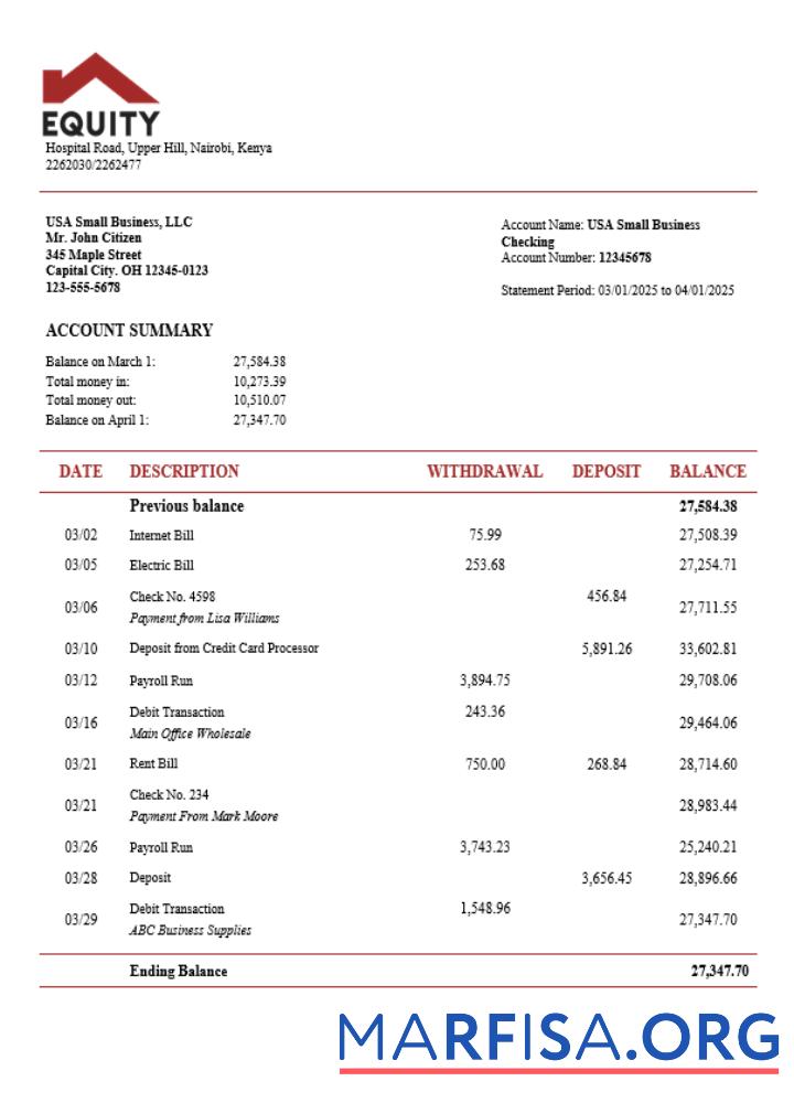 Realistic Equity bank business firm account statement Word snd PDF format download for verification